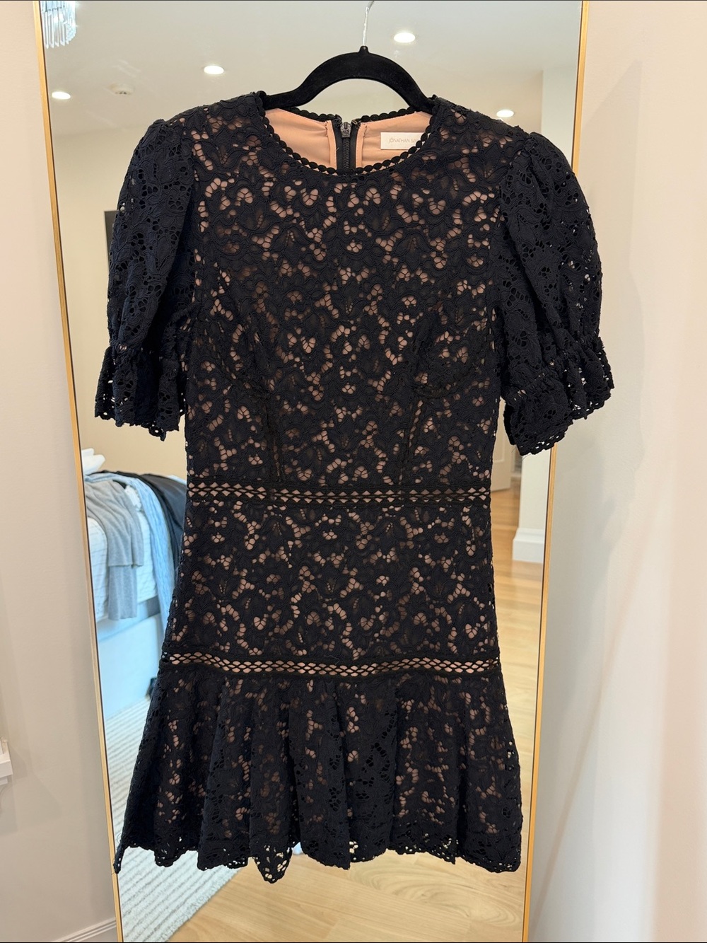 Jonathan Simkhai Black Lace Puff Sleeve Mini Dress with Nude Lining